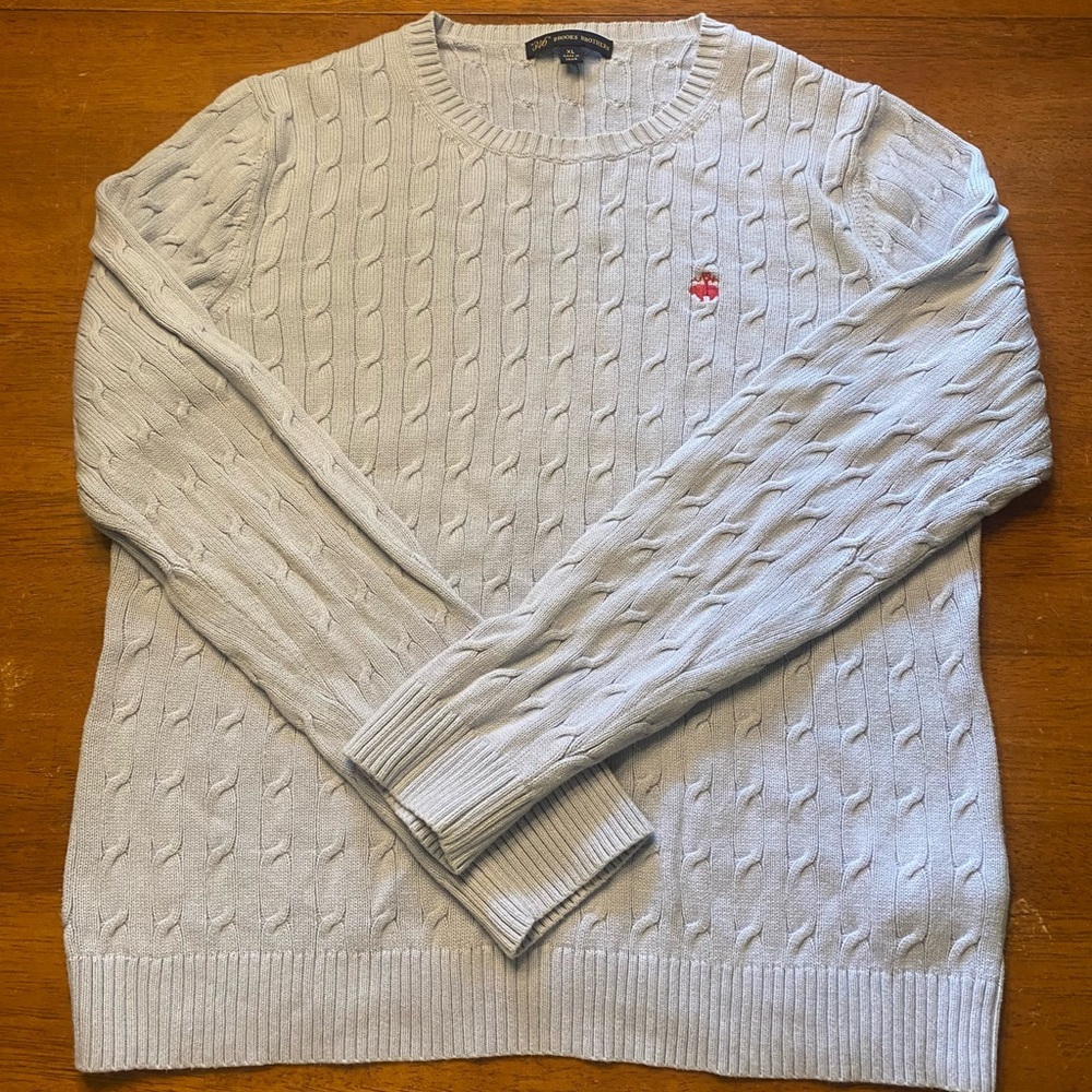 Brooks Brothers Light Blue Cable-Knit Crewneck Sweater with Red Logo
